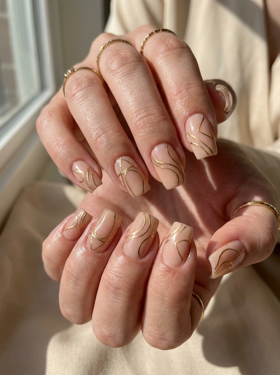 Nude Square Nails with Gold Lines